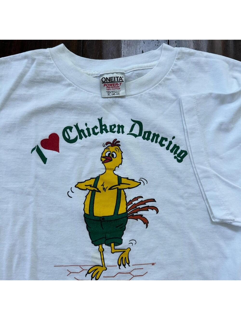 Oneita Chicken Dance Funny VTG T Shirt Oregon Humor Animal Farm 90s Oktoberfest